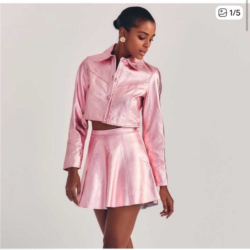 LoveShackFancy Metallic A- Line Shimmering Pink Mini Skirt